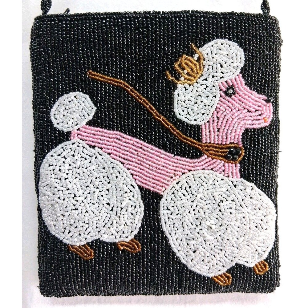 Vintage Ermo Beaded Poodle Purse Crossbody Dog Lover Y2k Black Zippered